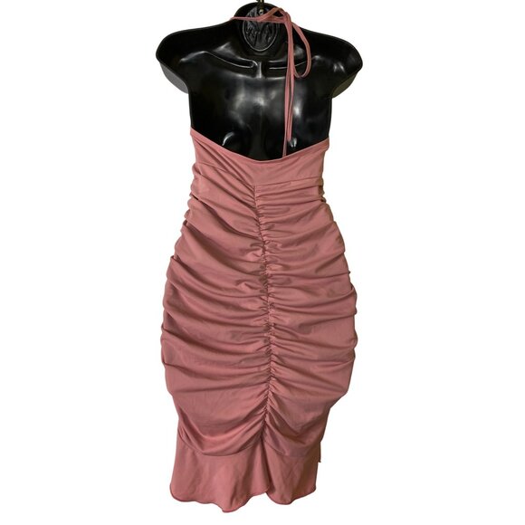 Ruched Pink Halter Neck Dress Medium Sexy Date Party Club Y2K Ruffle Bodycon Hot - Picture 2 of 3